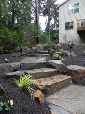 Woodland garden with stone steps and boulders